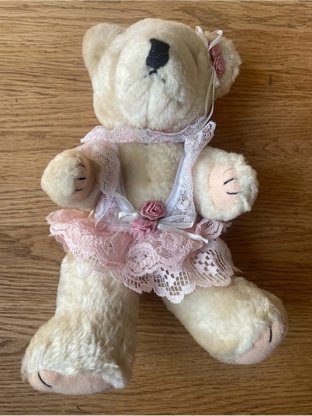 Vintage Teddy Bear in Cream with Pink Lace Dress - Kids Accessories